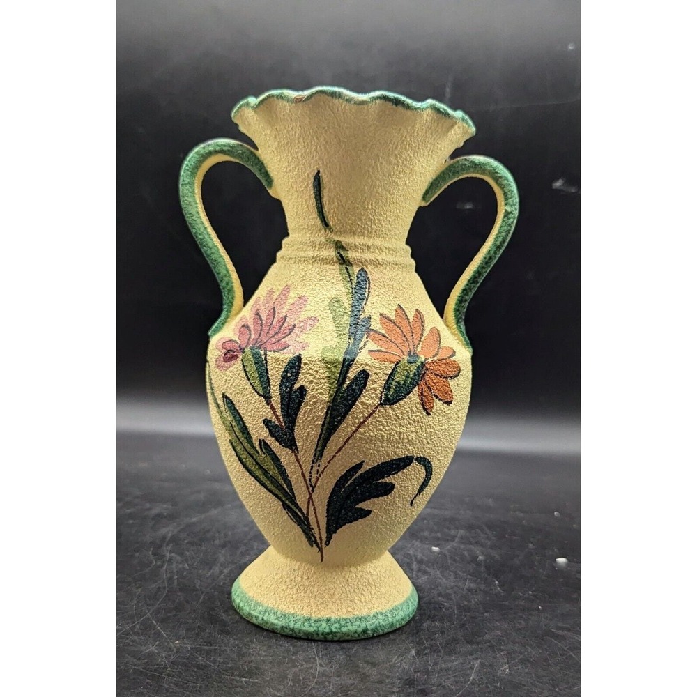 Vintage Italian Pottery Lava Glaze Yellow Handled Vase Irn Flower 9" Italy
